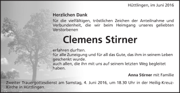 Traueranzeige von Clemens Stirner von Schwäbische Post