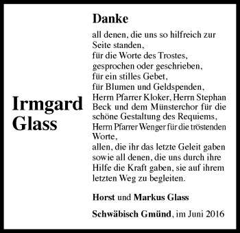 Traueranzeige von Irmgard Glass