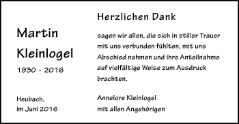 Traueranzeige von Martin Kleinlogel von Gmünder Tagespost