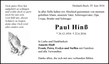 Traueranzeige von Paul Hinß von Gmünder Tagespost
