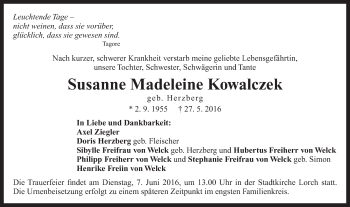 Traueranzeige von Susanne Madeleine Kowalczek von Gmünder Tagespost
