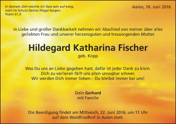 Traueranzeige von Hildegard Katharina Fischer von Schwäbische Post