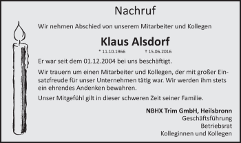 Traueranzeige von Klaus Alsdorf von Schwäbische Post