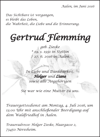Traueranzeige von Gertrud Flemming von Schwäbische Post