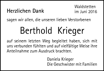 Traueranzeige von Berthold Krieger von Gmünder Tagespost