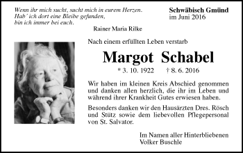 Traueranzeige von Margot Schabel von Gmünder Tagespost