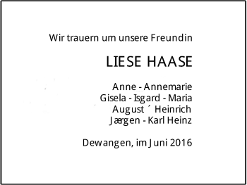 Traueranzeige von Liese Haase von Schwäbische Post