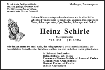 Traueranzeige von Heinz Schirle von Gmünder Tagespost
