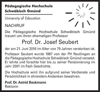 Traueranzeige von Josef Seubert von Gmünder Tagespost