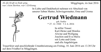 Traueranzeige von Gertrud Wiedmann von Gmünder Tagespost