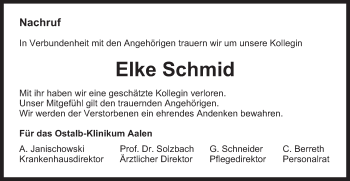 Traueranzeige von Elke Schmid von Schwäbische Post