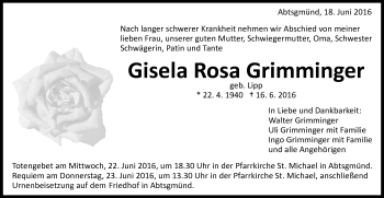 Traueranzeige von Gisela Rosa Grimminger 