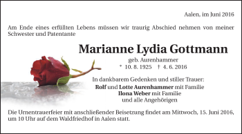 Traueranzeige von Marianne Lydia Gottmann von Schwäbische Post