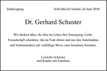 Traueranzeige von Gerhard Schuster