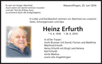 Traueranzeige von Heinz Erfurth von Schwäbische Post