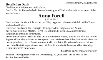 Traueranzeige von Anna Forell von Schwäbische Post
