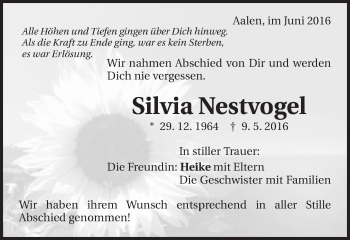 Traueranzeige von Silvia Nestvogel von Schwäbische Post