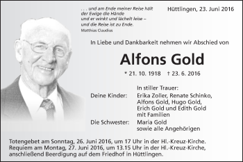 Traueranzeige von Alfons Gold von Schwäbische Post