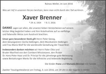 Traueranzeige von Xaver Brenner von Schwäbische Post