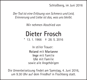 Traueranzeige von Dieter Frosch von Schwäbische Post