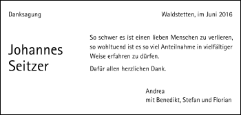 Traueranzeige von Johannes Seitzer von Gmünder Tagespost