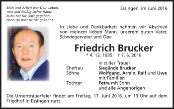 Traueranzeige von Friedrich Brucker von Schwäbische Post