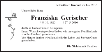 Traueranzeige von Franziska Gerischer