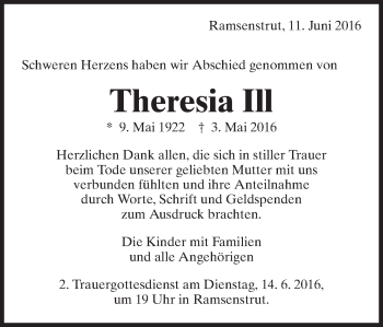 Traueranzeige von Theresia Ill von Schwäbische Post