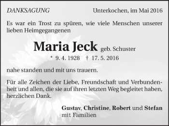 Traueranzeige von Maria Jeck von Schwäbische Post