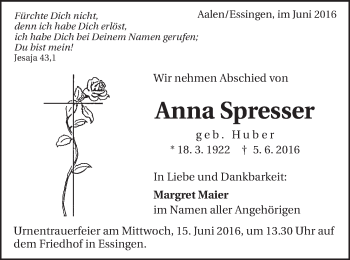 Traueranzeige von Anna Spresser von Schwäbische Post