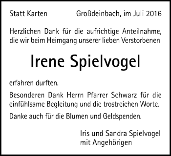 Traueranzeige von Irene Spielvogel von Gmünder Tagespost