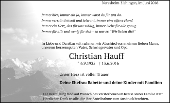 Traueranzeige von Christian Hauff von Schwäbische Post