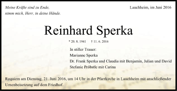 Traueranzeige von Reinhard Sperka von Schwäbische Post