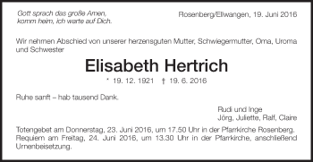 Traueranzeige von Elisabeth Hertrich von Schwäbische Post