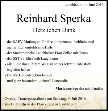 Traueranzeige von Reinhard Sperka von Schwäbische Post