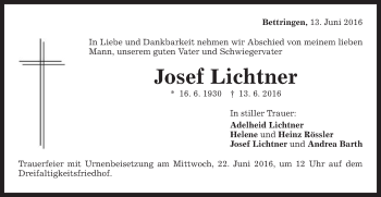 Traueranzeige von Josef Lichtner von Gmünder Tagespost