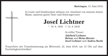 Traueranzeige von Josef Lichtner