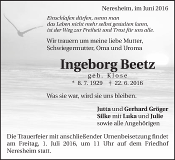 Traueranzeige von Ingeborg Beetz von Schwäbische Post