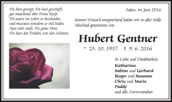 Traueranzeige von Hubert Gentner von Schwäbische Post