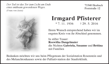 Traueranzeige von Irmgard Pfisterer von Gmünder Tagespost