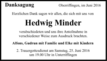 Traueranzeige von Hedwig Minder von Schwäbische Post