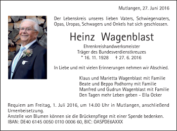 Traueranzeige von Heinz Wagenblast