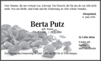 Traueranzeige von Berta Putz von Gmünder Tagespost