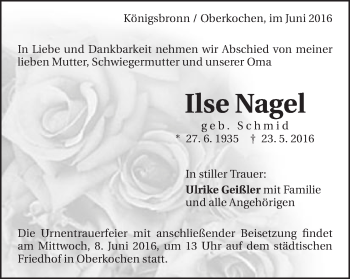 Traueranzeige von Ilse Nagel von Amtsblatt_Oko