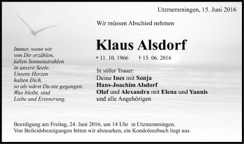 Traueranzeige von Klaus Alsdorf von Schwäbische Post
