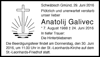 Traueranzeige von Anatolij Galivec von Gmünder Tagespost