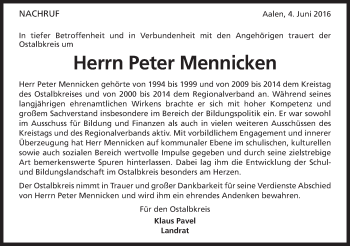 Traueranzeige von Peter Mennicken von Schwäbische Post