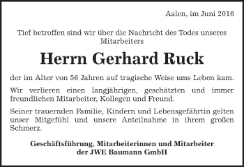 Traueranzeige von Gerhard Ruck von Schwäbische Post