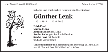 Traueranzeige von Günther Lenk von Schwäbische Post