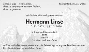 Traueranzeige von Hermann Linse von Schwäbische Post